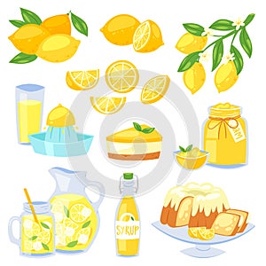 Lemon food vector lemony yellow citrus fruit and fresh lemonade or natural juice illustration set of lemon cake with jam