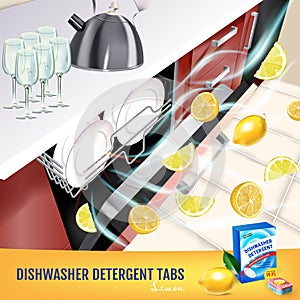 Lemon fragrance dishwasher detergent tabs ads. Vector realistic Illustration with dishwasher in kitchen counter and detergent pack