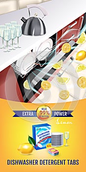 Lemon fragrance dishwasher detergent tabs ads. Vector realistic Illustration with dishwasher in kitchen counter and detergent pack