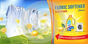 Lemon fragrance fabric softener gel ads. Vector realistic Illustration with laundry clothes and softener rinse container. Horizont