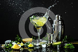 Lemon Frozen Granita Slush Drink in glasses. Italian Granita Dessert, refreshing summer Slush Drink with liquid splash, freeze