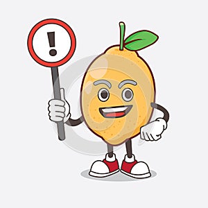 Lemon Fruit cartoon mascot character rise up a warning sign