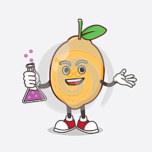 Lemon Fruit cartoon mascot professor character with glass tube