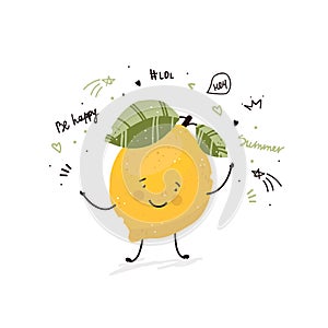 Lemon fruit cute cartoon doodle sketch illustration summer card