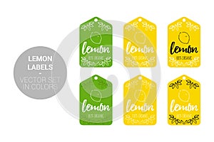 Lemon fruit Eco labels vector set in green, yellow colors.