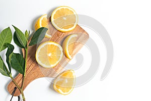 lemon fruit food vegetable summer tropical juicy with green nature leaf and waterdrop fresh on chopping kitchen