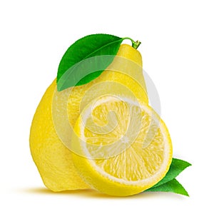 Lemon. Fruit with half and leaves isolated on white