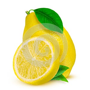 Lemon. Fruit with half and leaves isolated on white