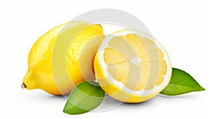 Lemon. Fruit with half and leaves isolated on white Lemon fruit with leaf isolate. AI Generative