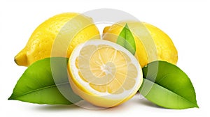 Lemon. Fruit with half and leaves isolated on white Lemon fruit with leaf isolate. AI Generative