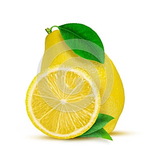 Lemon. Fruit with half and leaves on white