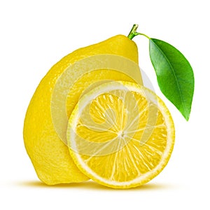 Lemon. Fruit with half and leaves on white