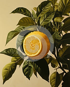 Lemon fruit with leaf isolate. Lemon whole, half, slice, leaves on white.