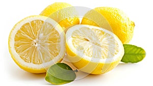 Lemon fruit with leaf isolate. Lemon whole, half, slice, leaves on white. Ai Generative