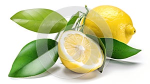 Lemon fruit with leaf isolate. Lemon whole, half, slice, leaves on white. Lemon slices with zest isolated. Generative Ai