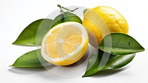 Lemon fruit with leaf isolate. Lemon whole, half, slice, leaves on white. Lemon slices with zest isolated. Generative Ai