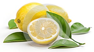 Lemon fruit with leaf isolate. Lemon whole, half, slice, leaves on white. Lemon slices with zest isolated. Generative Ai