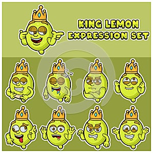 Lemon fruit mascot character cartoon with crown and face expression set