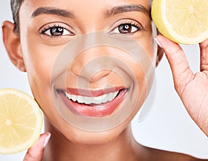 Lemon, fruit and portrait of Indian woman with skincare, beauty and benefits of vitamin c in eco friendly cosmetics in