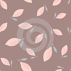 Lemon fruit seamless doodle pattern in simple style. Hand drawn pink fruits backdrop