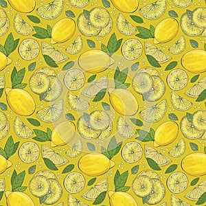 Lemon fruit seamless pattern. Fashion design. Food printing for dress, curtain or kitchen towel. Hand drawn Wallpaper. Vector