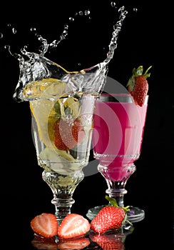 Lemon fruit strawberry milk drink with a splash