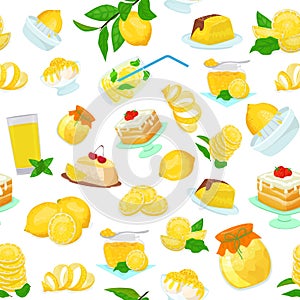 Lemon fruits food sweets desserts pattern flat style vector illustration. Yellow lemony citrus cakes, jam, ice cream