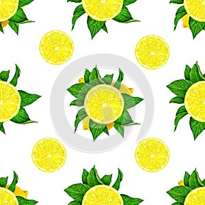 Lemon fruits with green leaves isolated on white background. Watercolor drawing seamless pattern for design.