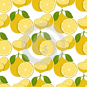 Lemon fruits seamless pattern. Whole and Halved Lemon Citrus Fruit