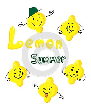 Lemon funny characters card . Fresh fruits emotions and various poses. Vector mascot yellow lemon with happy face. Illustration of