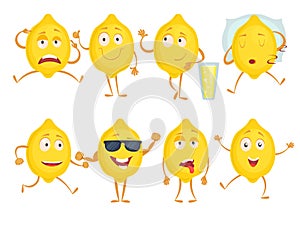 Lemon funny characters. Fresh fruits emotions sadness joy surprise and various poses. Vector mascot yellow lemon with