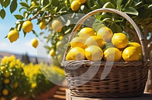 lemon garden to the horizon, lemon tree branches, long lemon plantations, Organic Farming, sunny