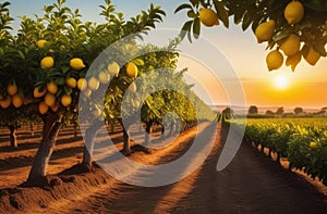 lemon garden to the horizon, long lemon plantations, sunny day, Organic Farming