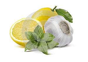 Lemon garlic basil pesto ingredients isolated on white background