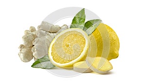 Lemon and ginger whole slices on white background