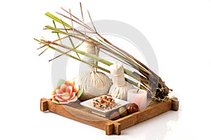 Lemon Grass, dried green leaves and herbal compress on a white background.