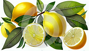 Lemon with green leaves and flower on tree branch isolated on white background.