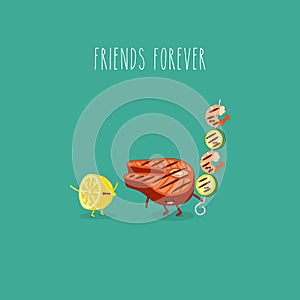 Lemon grill salmon shrimp friends forever. Vector illustration