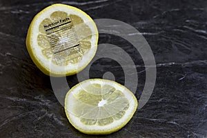 Lemon half with nutritional label