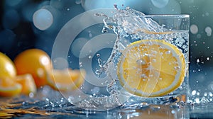 A lemon half plunges into a crystal-clear glass of water, capturing a refreshing moment