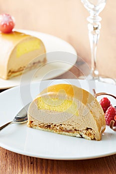 Lemon and hazelnut cake portion