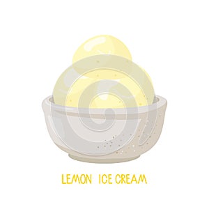 Lemon Ice Cream. Ice Bowl with Homemade Ice Cream Balls. Delicious frozen dessert. Flat Vector Illustration. Isolated on