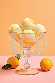 Lemon ice cream scoops in a glass bowl.