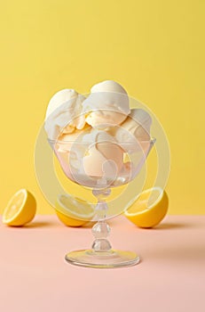 Lemon ice cream scoops in a glass bowl.