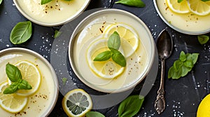 Lemon-infused cream in ceramic dishes, garnished with basil and lemon rounds on a slate background