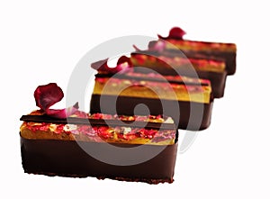 Lemon jelly chocolate dessert with dried rose petals and chocolate border