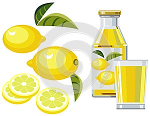 Lemon juice with bottle, glass and lemons