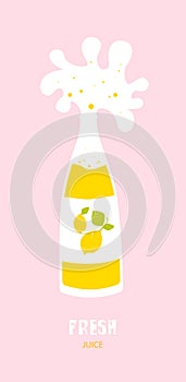 A lemon juice bottle with splash on pink background. Flat design. Vector