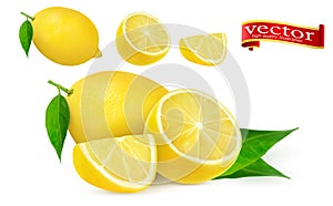 Set of ripe juicy lemon whole and lobule realistic vector high detail. Lemon juice Fresh fruit, 3d vector icon. photo