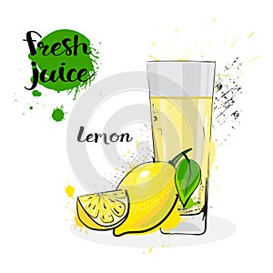 Lemon Juice Fresh Hand Drawn Watercolor Fruits And Glass On White Background